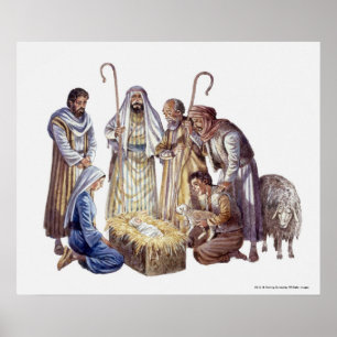 Póster Maria, José, y pastores que rodean al bebé Jesú