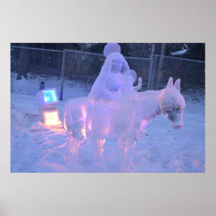 Póster María y el niño Jesús Escultura de nieve de noche 