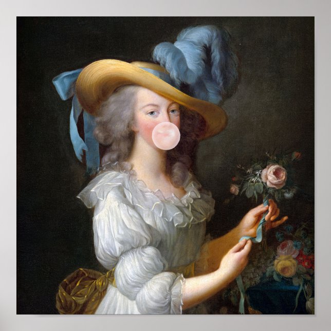 Póster Marie Antoinette soplando un chicle rosa (Frente)