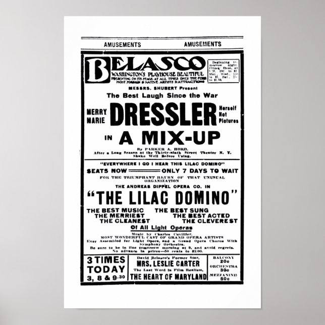 Póster Marie Dressler, poster y teatro de época de 1915 (Frente)