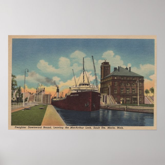 Póster Marie, MI - View of Freighter Leaving MacArthur (Frente)
