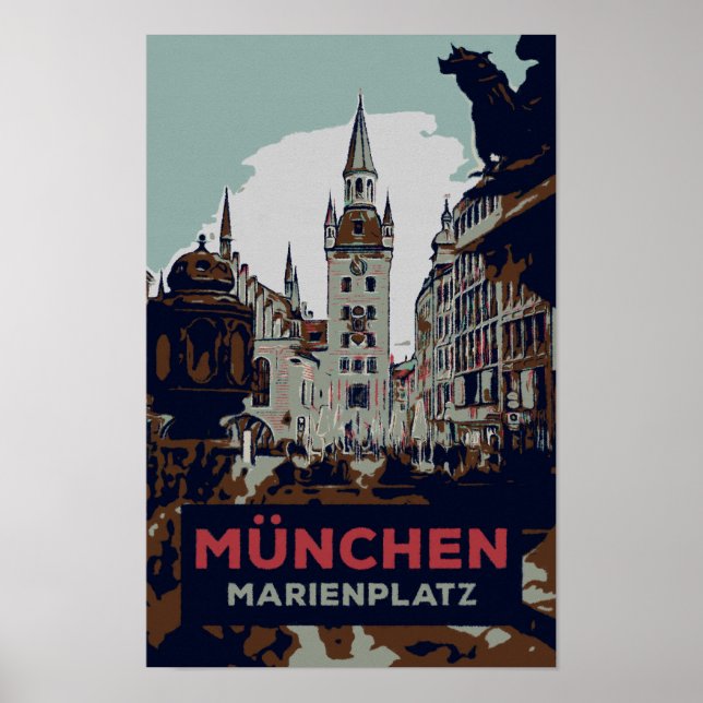 Póster Marienplatz, Ilustracion del Centro de la Ciudad d (Frente)