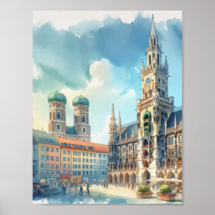 Póster Marienplatz Munich Alemania Watercolor