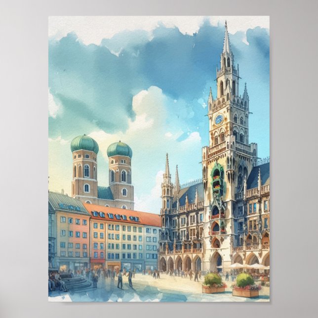Póster Marienplatz Munich Alemania Watercolor (Frente)
