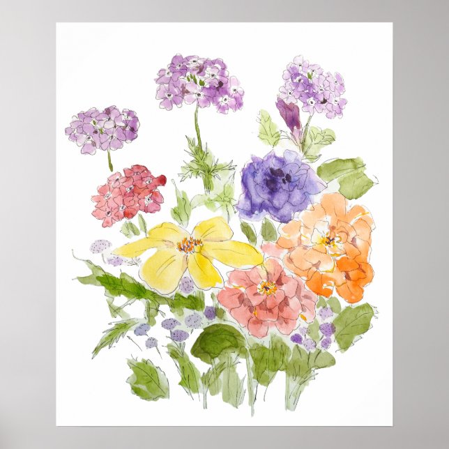 Póster marigold verbena y petunia tinta y acuarela (Frente)