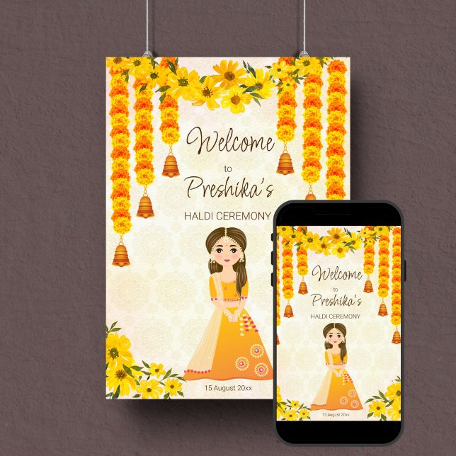 Póster Marigolds el lindo chica indio Haldi personalizado (Girls Haldi Indian wedding welcome sign template digital download cute girl marigold garlands)