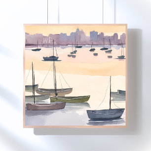 Póster Marina de Barcos   Bahía del Océano Acuarela