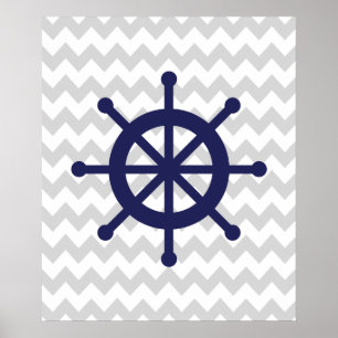 Póster Marina de guerra y rueda náutica gris de la nave