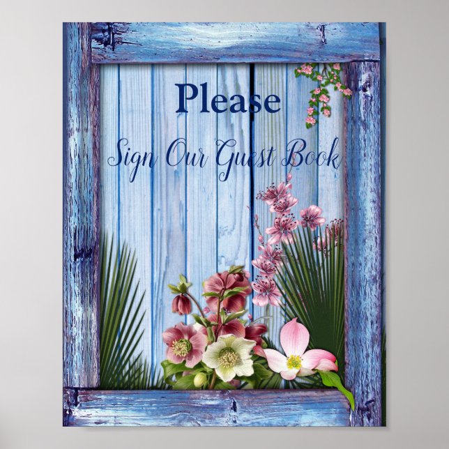 Póster Marina - Flores azul texturadas y rosadas (Frente)