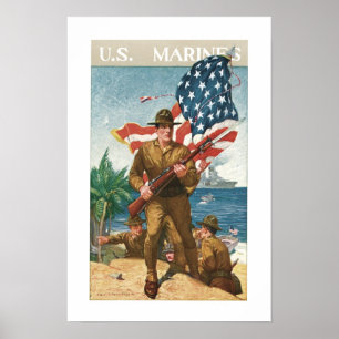 Póster Marines de Estados Unidos - con bandera