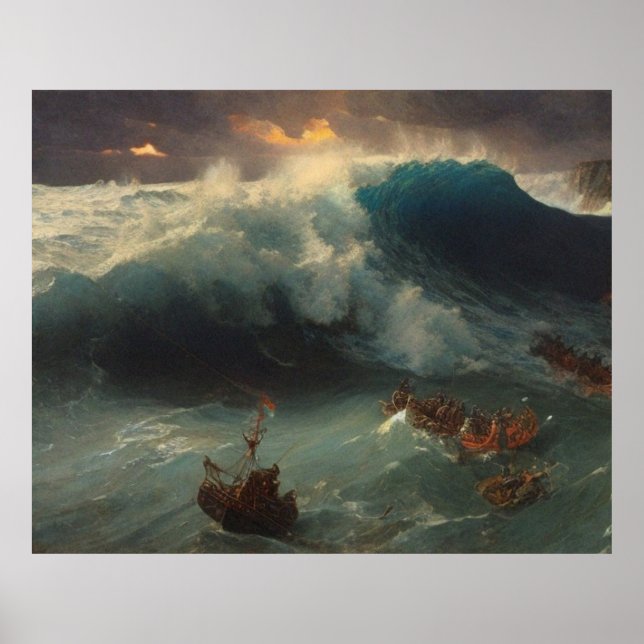 Póster Marines en botes salvavidas en el mar con una gran (Frente)