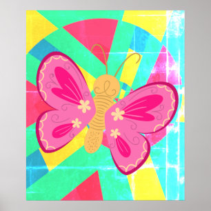 Póster Mariposa abstracta rosa, azul y naranja de moda