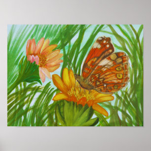 Póster mariposa acuarela en el jardín