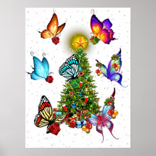 Póster mariposa alrededor de navidades mariposas árboles