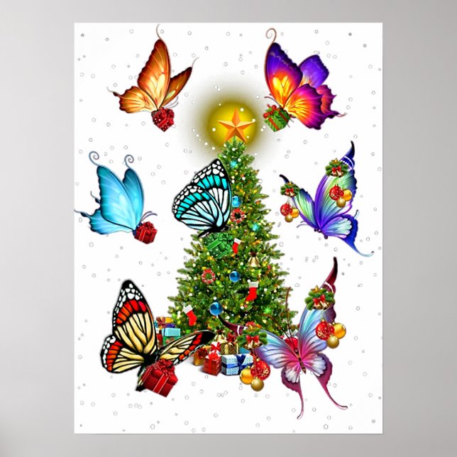Póster mariposa alrededor de navidades mariposas árboles (Frente)