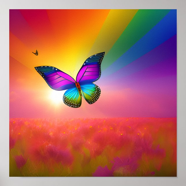 Póster Mariposa arco iris volando en un campo (Frente)