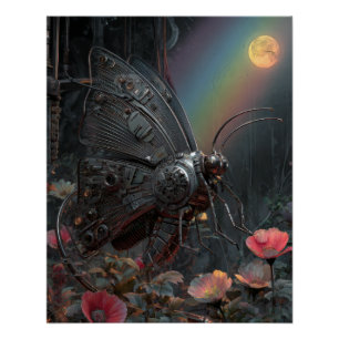 Póster Mariposa Arcoíris Lluvioso Floral Oscuro Fantasía