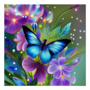 Póster Mariposa azul brillante en el Jardín de los Hados