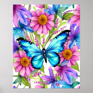 Póster Mariposa azul en un campo de flores