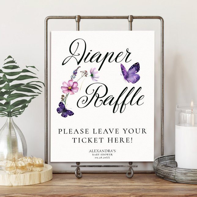 Póster Mariposa besa salvaje morado Baby Shower Raffle (baby shower diaper raffle poster purple butterflies wildflowers garden party spring summer chic)