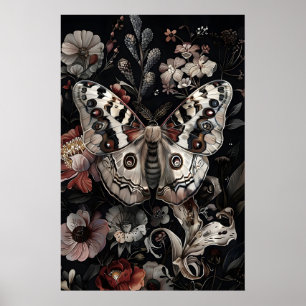 Póster Mariposa blanca en jardín de flores oscuras, polil