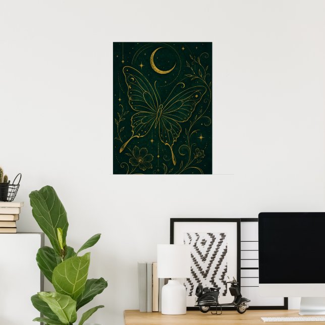Póster Mariposa Celestial Gótica y Luna Creciente Mística (Oficina en casa)