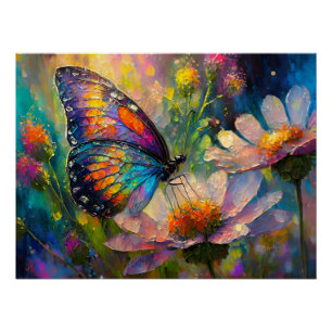 Póster Mariposa Colorida y Flores Silvestres al Amanecer