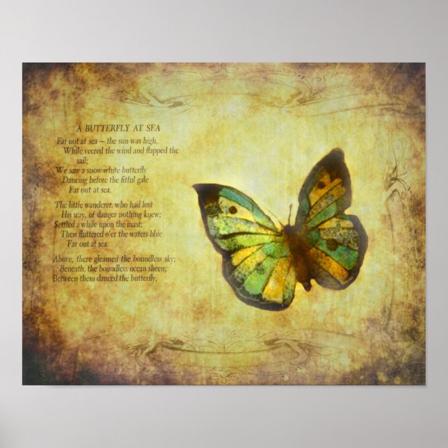 Póster Mariposa con papel de lienzo de poema (Frente)