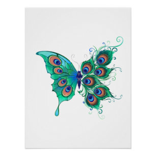 Póster Mariposa con plumas de pavo real verde