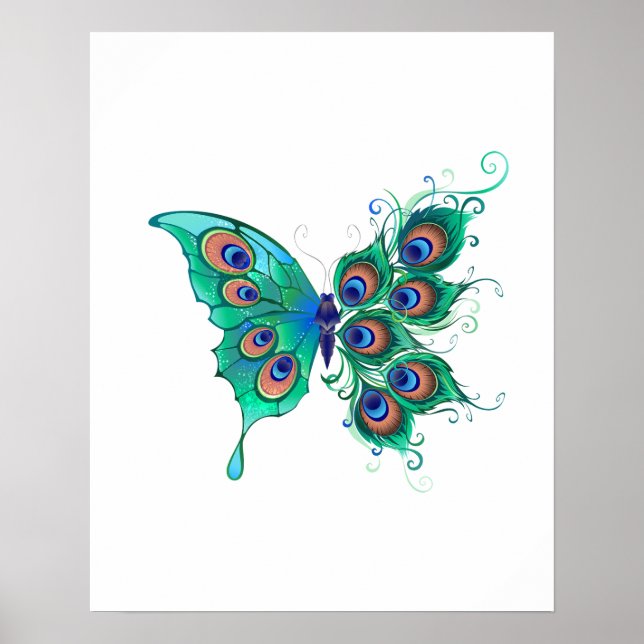 Póster Mariposa con plumas de pavo real verde (Frente)