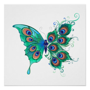 Póster Mariposa con plumas de pavo real verde