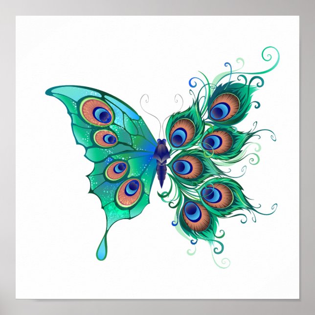 Póster Mariposa con plumas de pavo real verde (Frente)