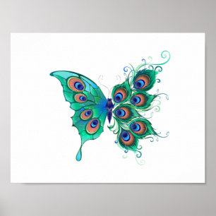 Póster Mariposa con plumas de pavo real verde