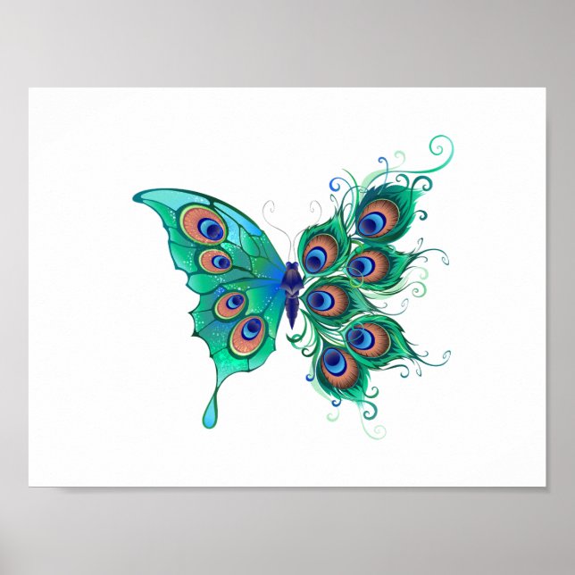 Póster Mariposa con plumas de pavo real verde (Frente)