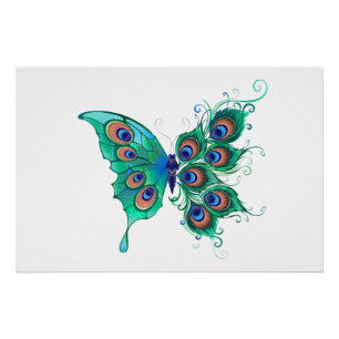 Póster Mariposa con plumas de pavo real verde