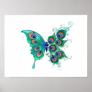 Póster Mariposa con plumas de pavo real verde