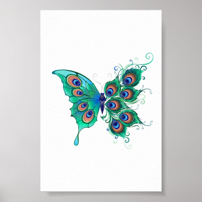 Póster Mariposa con plumas de pavo real verde (Frente)