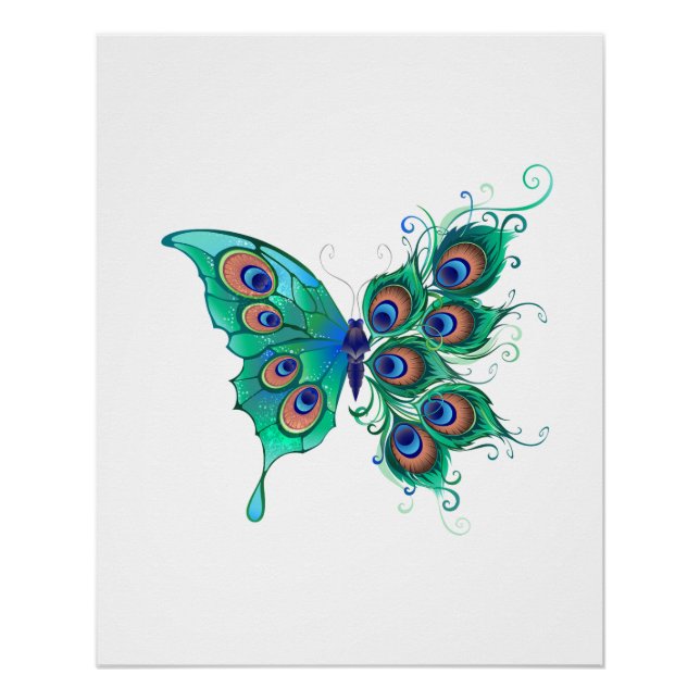 Póster Mariposa con plumas de pavo real verde (Anverso)