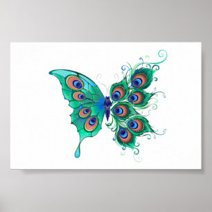 Póster Mariposa con plumas de pavo real verde