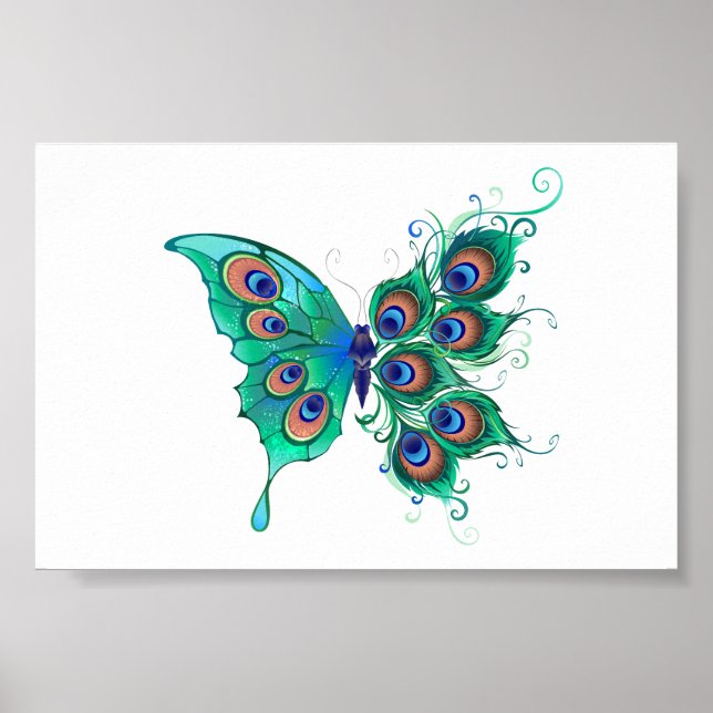 Póster Mariposa con plumas de pavo real verde (Frente)