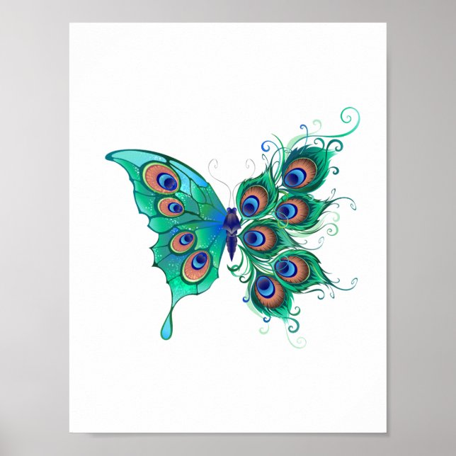 Póster Mariposa con plumas de pavo real verde (Frente)