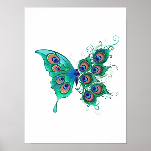 Póster Mariposa con plumas de pavo real verde (Frente)