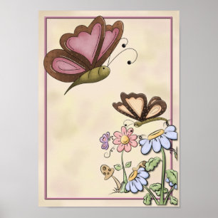 Póster Mariposa de bonito con flores rosas y azules