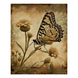 Póster Mariposa de época con flores amarillas