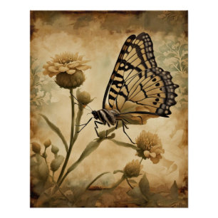 Póster Mariposa de época con flores amarillas