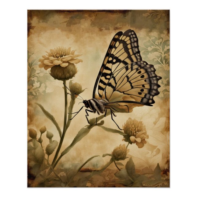 Póster Mariposa de época con flores amarillas (Anverso)