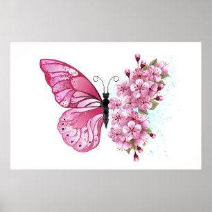 Póster Mariposa de flor con Sakura rosa
