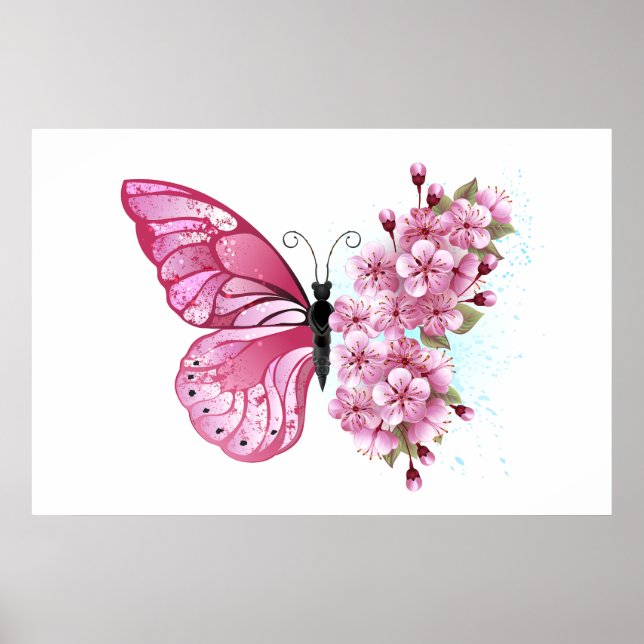 Póster Mariposa de flor con Sakura rosa (Frente)