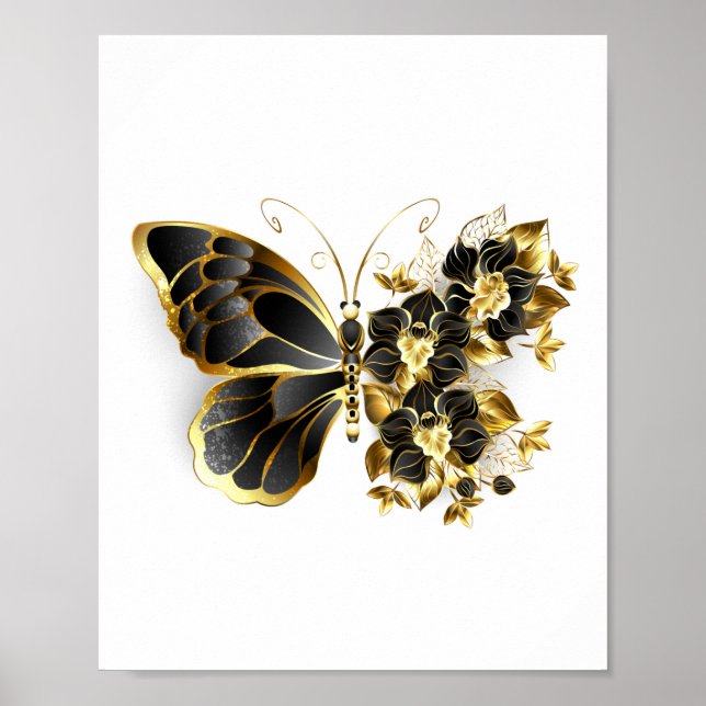 Póster Mariposa de Flor de Oro con Orquídea Negra (Frente)