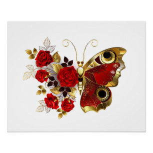 Póster Mariposa de flor roja con rosas rojas